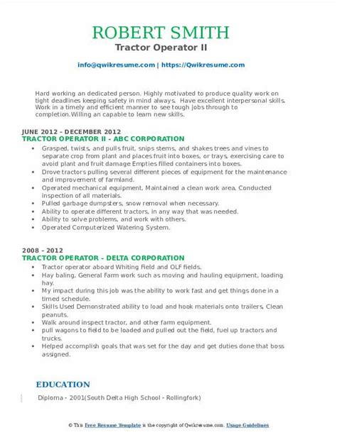 Tractor Operator Resume Samples | QwikResume