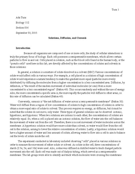 Lab Report, Osmosis and Diffusion - Tusa 1 Ada Tusa Biology 112 Section 016 September 30, 2015 ...