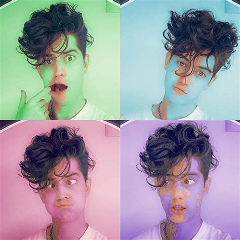 four different colored images of a man with curly hair and blue, green ...