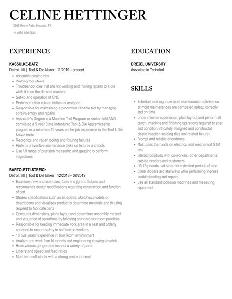 Tool & Die Maker Resume Samples | Velvet Jobs