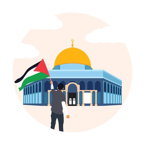 A man protests stands in front of al Aqsa masjid with a Palestine flag vector illustration for ...