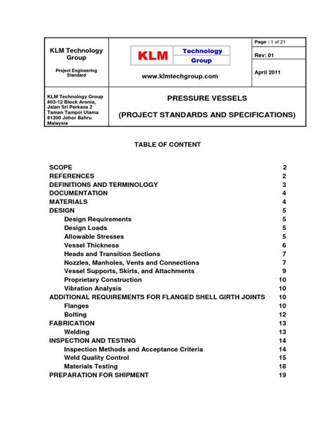 Pressure Vessels (Project Standards and Specifications) : Page: 1 of 21 | PDF | Strength Of ...