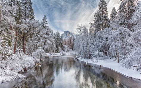 Download wallpapers Merced River, winter landscape, forest, winter, snow, river, mountain ...