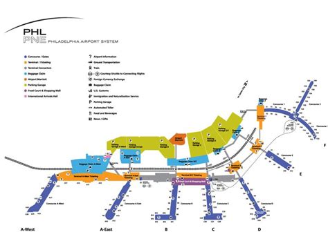 a map of the phl airport with all its terminals and terminal numbers on it