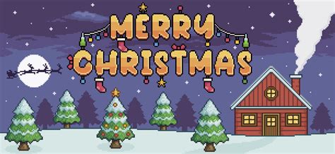 Pixel art christmas landscape, with pine trees, red house, snow and text merry christmas ...