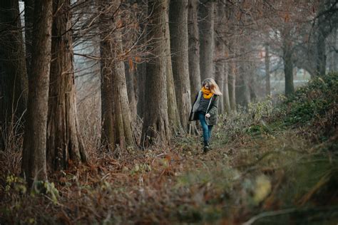 Free picture: young woman, winter, forest path, alone, walking, fog, hillside, wood, girl, tree