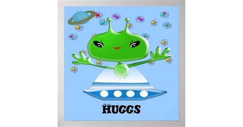 Cute Green Outer Space Aliens with Space Ship Poster | Zazzle