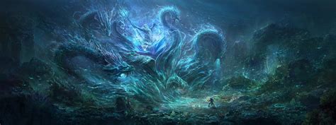 Epic Battle: Poseidon vs. Hydra - 4K Ultra HD Fantasy Sea Monster Wallpaper by Wang Nan