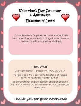 FREE Valentine's Day Elementary Synonyms & Antonyms Worksheets | TPT