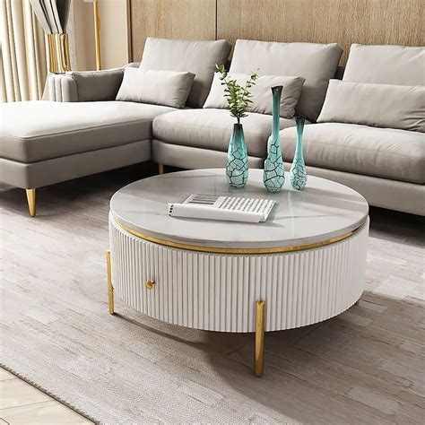 White Round Coffee Table with Storage Modern Faux Marble Accent Table ...