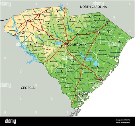 Mapa físico de Carolina del Sur muy detallado con etiquetado Imagen ...