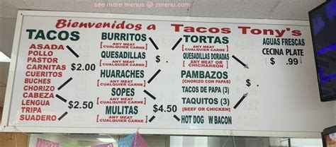 Menu at Tony's Tacos restaurant, Azusa