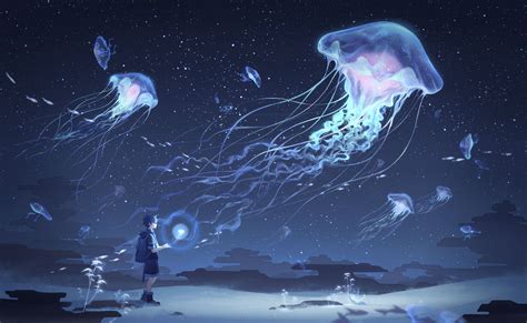 Anime Original Jellyfish Short Hair Black Hair Wallpaper | Jellyfish art, Underwater art, Sky art