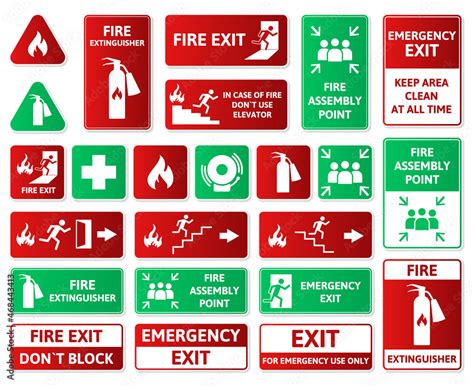 Vecteur Stock Fire safety, emergency signs, first aid, assembly point ...