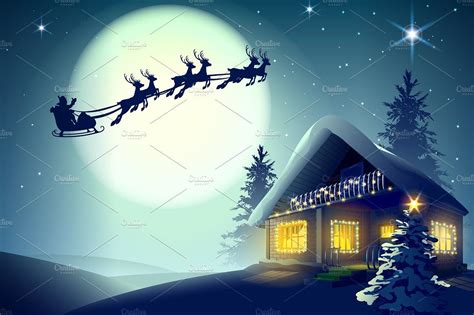 Santa Claus and reindeer flying by orensila on @creativemarket Christmas Forest, Winter Forest ...