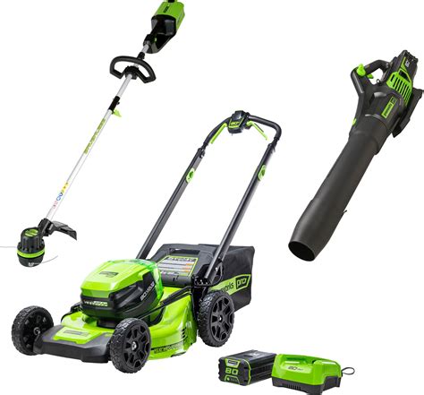 Greenworks 21 80 Volt Mower, 13 String Trimmer, 730 CFM Blower (4Ah Battery Charger Included ...