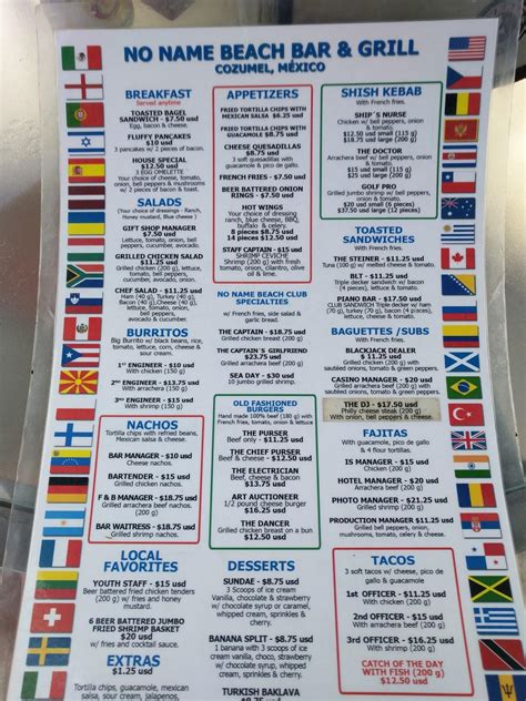 Menu at No Name Bar, San Miguel de Cozumel