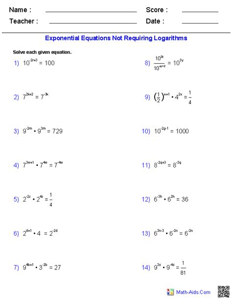 Algebra 2 Worksheets | Exponential and Logarithmic Functions Worksheets | Exponential, Algebra 2 ...