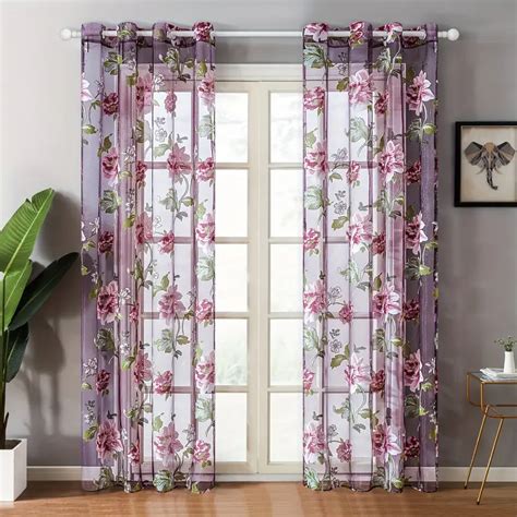 Purple Floral Sheer Curtains Living Room Bedroom Kitchen - Temu