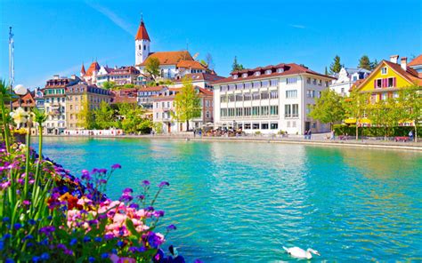 Download wallpapers Thun Castle, old city, blue river, summer, Thun ...