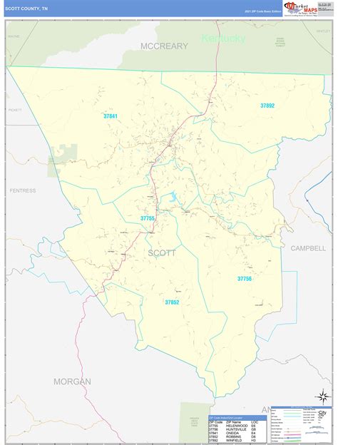 Scott County, TN Zip Code Wall Map Basic Style by MarketMAPS - MapSales