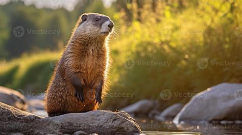 Close-up photo of a Woodchuck looking in their habitat. Generative AI ...