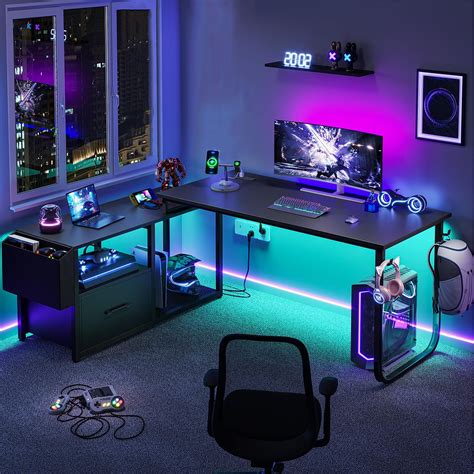 L Shaped Desk, Gaming Desk with LED Light and Power Outlet, Reversible Long Desks for Home ...
