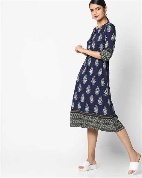 Buy AJIO Women Navy Blue Printed A-line Midi Dress | AJIO | Midi dress ...