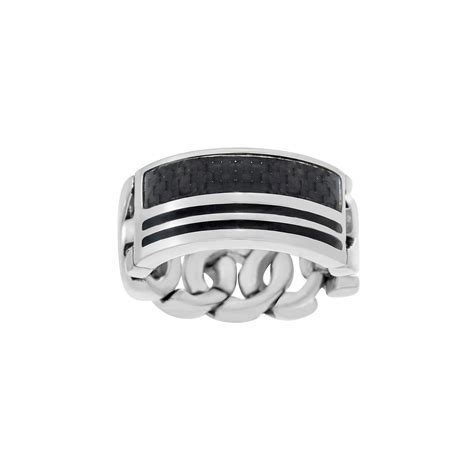 Striped Carbon Fiber + Curb Chain Design Ring // Black + White (Size 9 ...