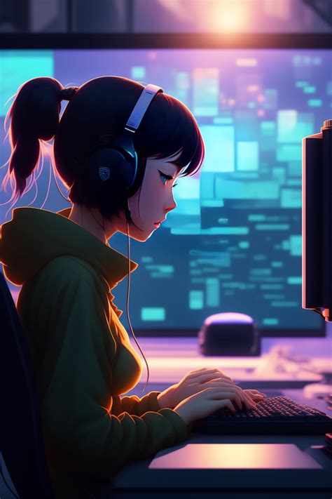 Lexica - cute anime girl programming at a computer lofi