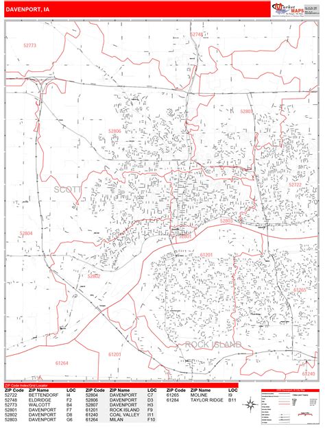 Davenport Iowa Zip Code Wall Map (Red Line Style) by MarketMAPS - MapSales