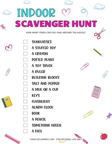 Free Printable Indoor Scavenger Hunt Game for Kids