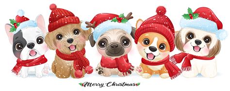 Cute dogs for merry christmas clipart with watercolor illustration