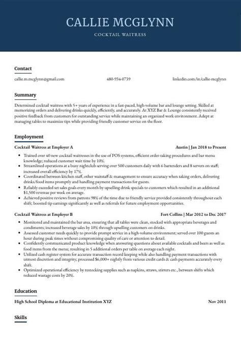 Cocktail Waitress Resume (CV) Example and Writing Guide