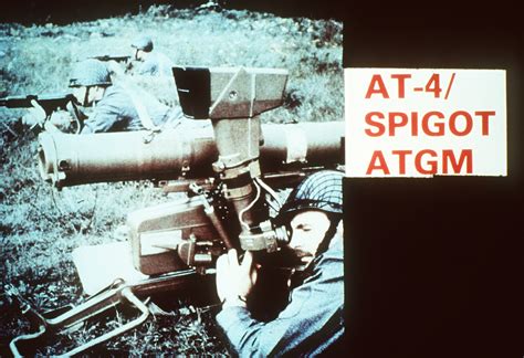 A left side view of a soldier aiming a Soviet AT-4 Spigot anti-tank ...