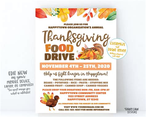 Thanksgiving Food Drive Flyer Fall Food Drive Autumn Food | Etsy