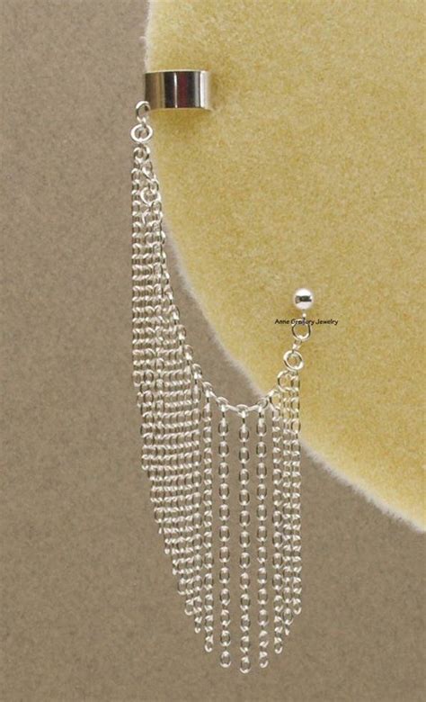 Cascading Chain Bajoran Cuff Earring, Sterling Silver, Stud Post, Non-piercing, Single Ear ...