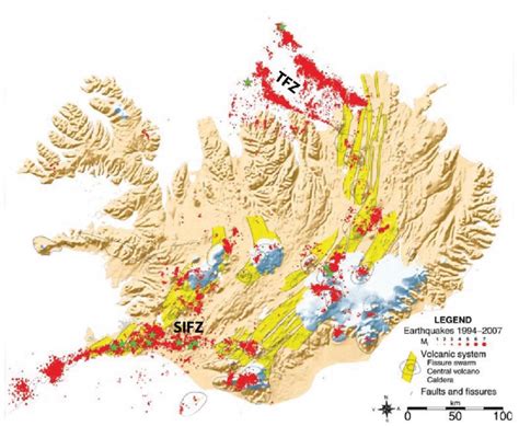 Map of Iceland showing the locations of earthquakes in years 1994-2007 ...