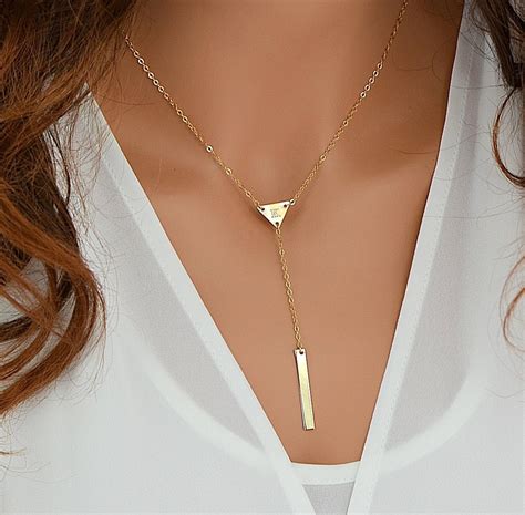 Personalized Y Necklace Triangle Bar Drop Necklace 14k Gold