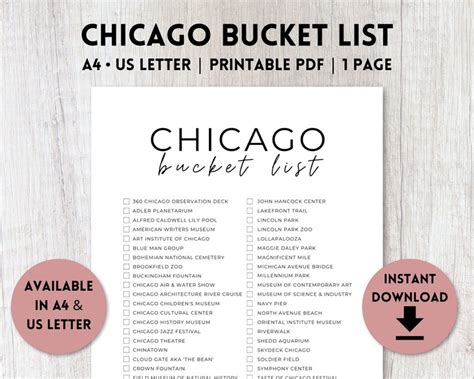 Chicago Illinois Bucket List Printable Travel Bucket List | Etsy