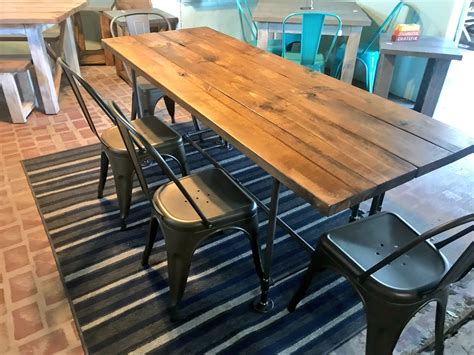 Industrial Style Farmhouse Table with Bench and Metal Chairs Black Pipe Base and Legs Wooden ...