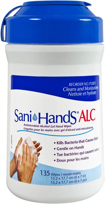 Sani-Hands ALC Antimicrobial Alcohol Gel Hand Wipes, 6" x 7.5" 135 each per Cannister ( 12/Case )