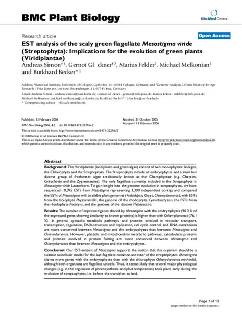 (PDF) EST analysis of the scaly green flagellate Mesostigma viride ...