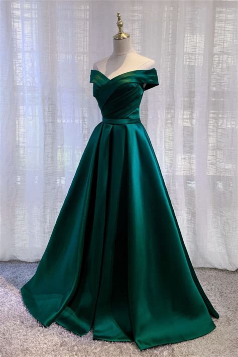 Elegant Ball Gown Off the Shoulder Dark Green Satin Prom Gowns in 2021 | Prom dresses, Emerald ...