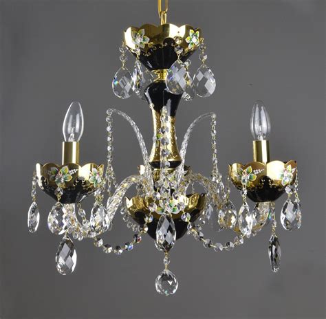 3 Arms Black crystal chandelier with glass flowers on the gold base | Bohemian glass