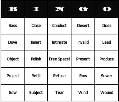 Heteronyms Bingo Cards