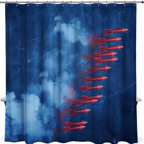 Vibrant Red Arrow Formation Shower Curtain Modern Bathroom Decor with Blue Smoke Design Navy ...