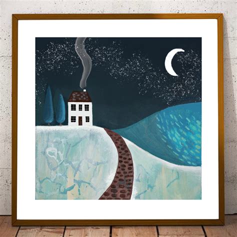 Winter Landscape Art in Blues Art Print Folk Art Original | Etsy