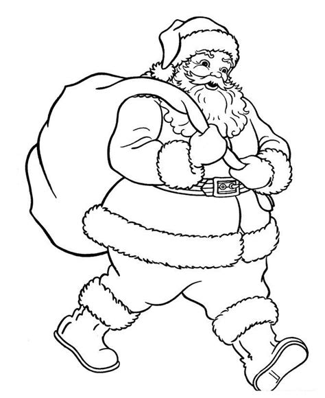 santa claus is carrying his sack full of presents to the children in this christmas coloring page