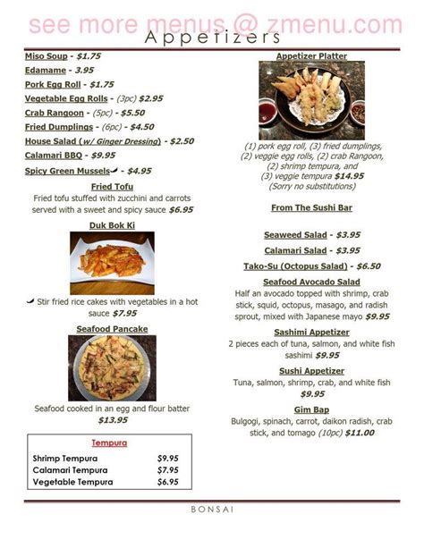 Menu at Bonsai restaurant, Upper Arlington